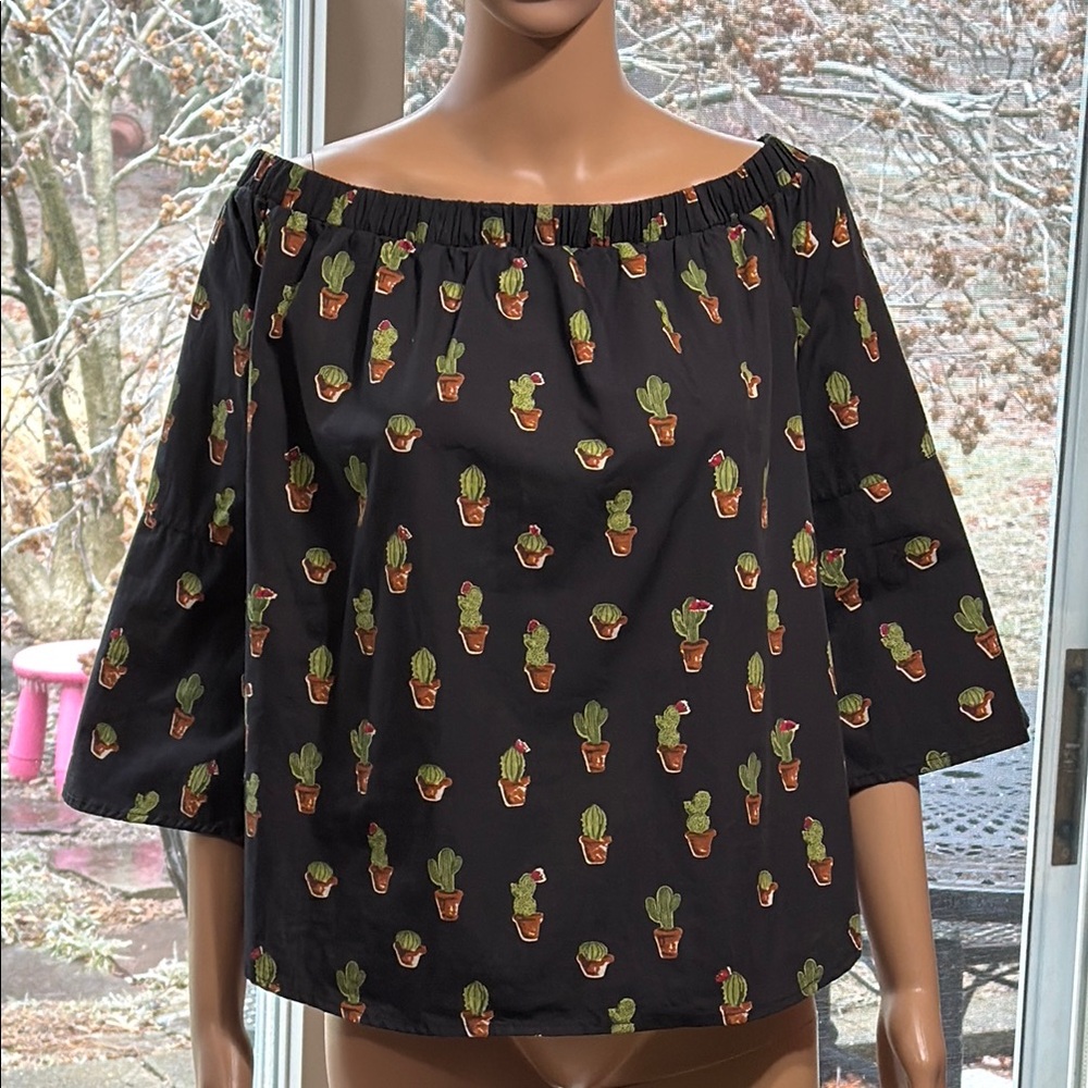 Bojo Cactus Print, Cotton, Off-Shoulder Top, 3/4 Sleeve, Like New, Large